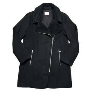 LOFT Moto Asymmetrical Black Wool Blend Faux Fur Peacoat Jacket Womens Size MED